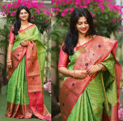 Green lichi soft silk zari weaving saree with jacquard blouse