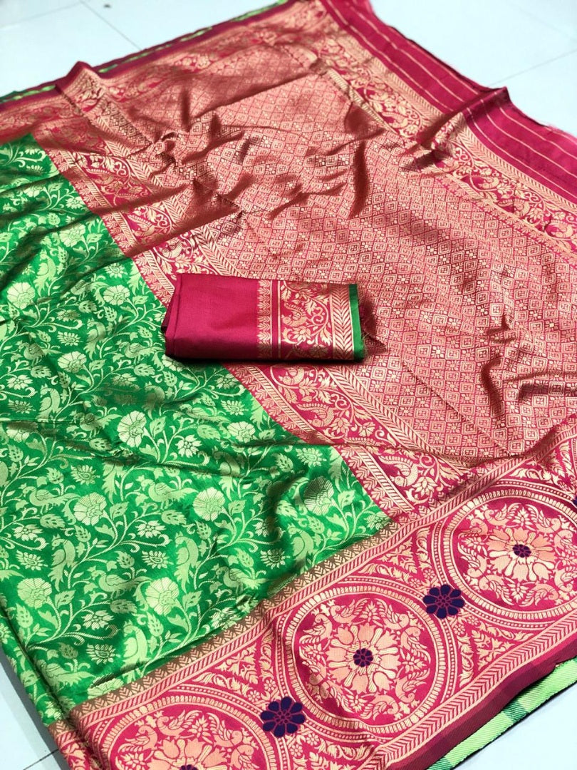 Green lichi soft silk zari weaving saree with jacquard blouse