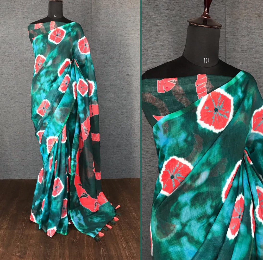 Green linen digital printed with cotton tussles work saree