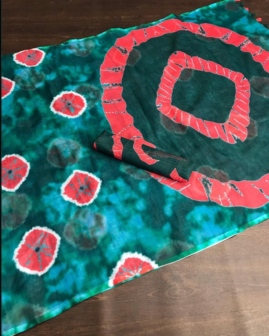 Green linen digital printed with cotton tussles work saree