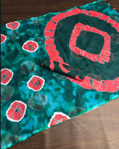 Green linen digital printed with cotton tussles work saree