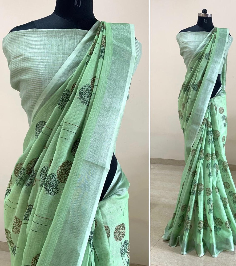Green linen digital printed work party wear saree