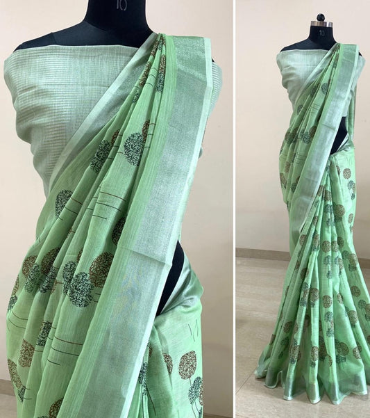 Green linen digital printed work party wear saree