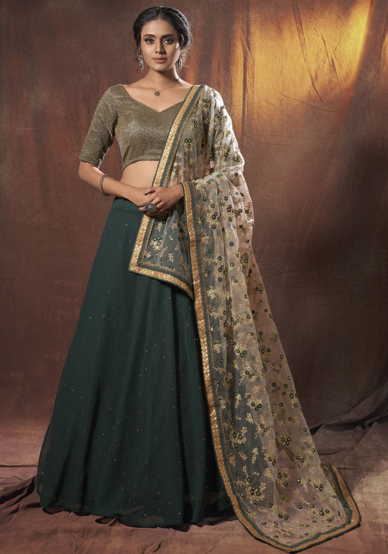 Green lycra georgette zari sequence thread work
