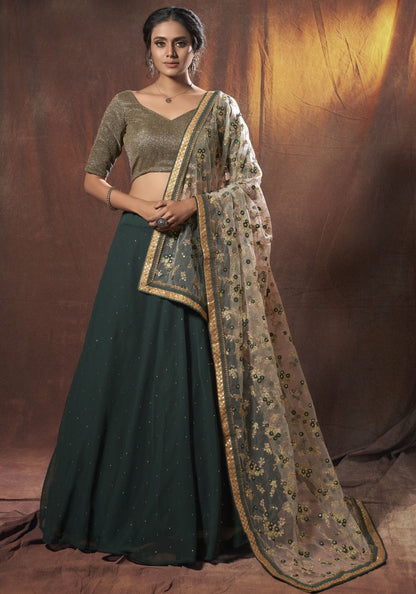Green lycra georgette zari sequence thread work