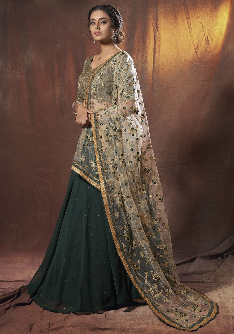 Green lycra georgette zari sequence thread work