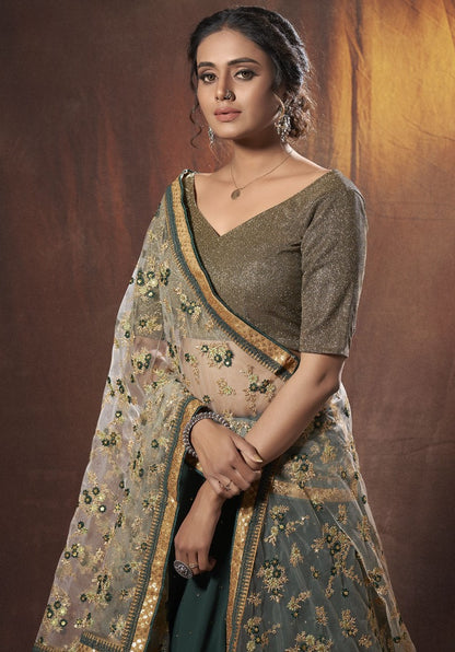 Green lycra georgette zari sequence thread work