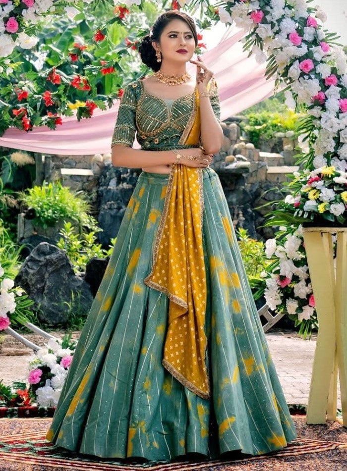 Green malai silk print and embroidered ceremonial lehenga choli