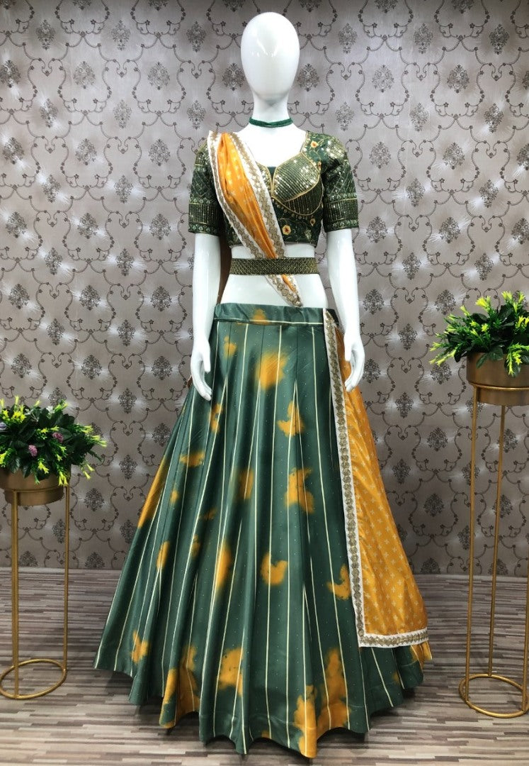 Green malai silk print and embroidered ceremonial lehenga choli