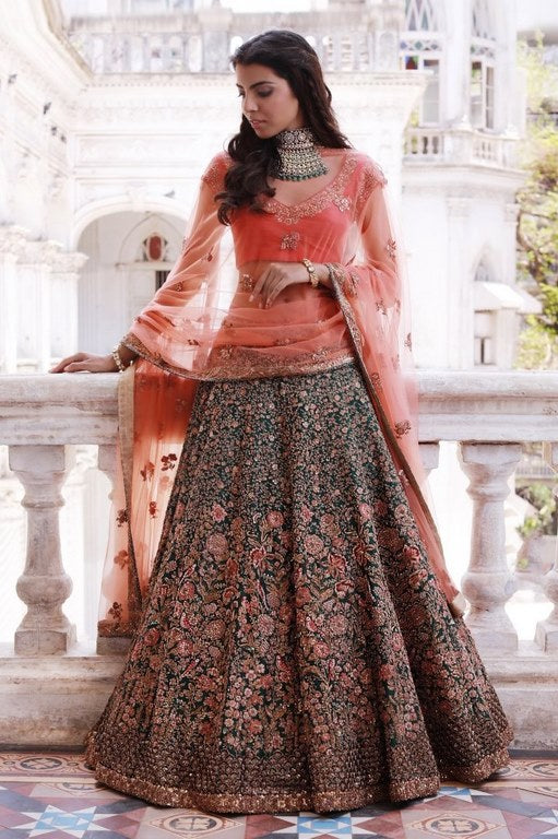 Green malbari silk multicolor embroidered bridal lehenga