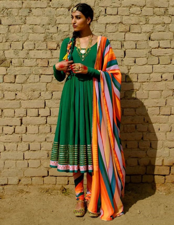 Green maslin cotton embroidered anarkali suit with multicolor printed dupatta