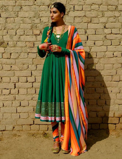 Green maslin cotton embroidered anarkali suit with multicolor printed dupatta