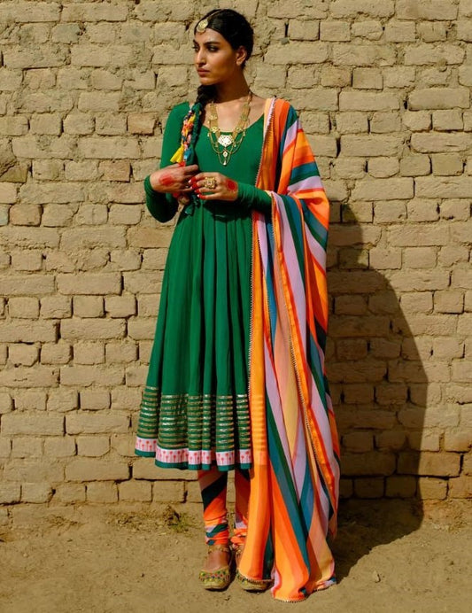 Green maslin cotton embroidered anarkali suit with multicolor printed dupatta