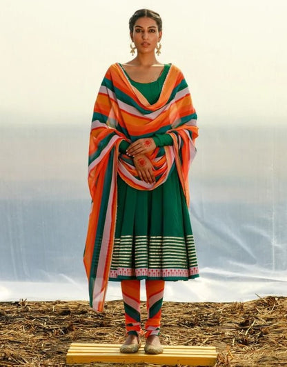 Green maslin cotton embroidered anarkali suit with multicolor printed dupatta