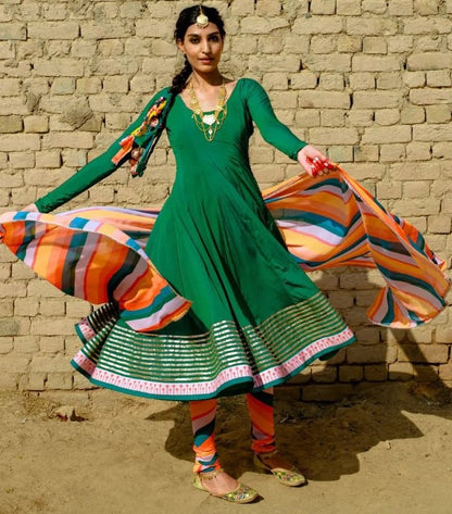 Green maslin cotton embroidered anarkali suit with multicolor printed dupatta