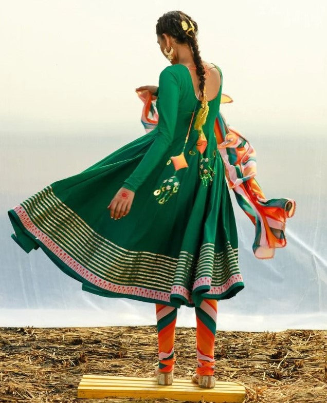 Green maslin cotton embroidered anarkali suit with multicolor printed dupatta