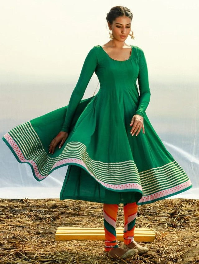 Green maslin cotton embroidered anarkali suit with multicolor printed dupatta