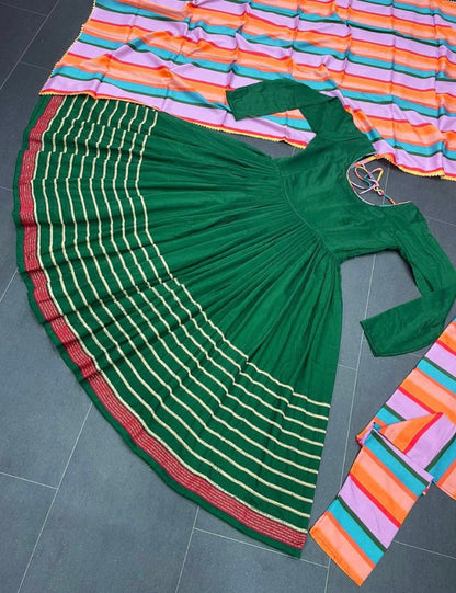 Green maslin cotton embroidered anarkali suit with multicolor printed dupatta