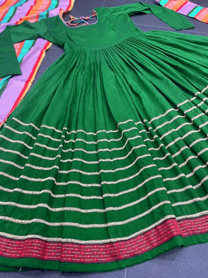 Green maslin cotton embroidered anarkali suit with multicolor printed dupatta