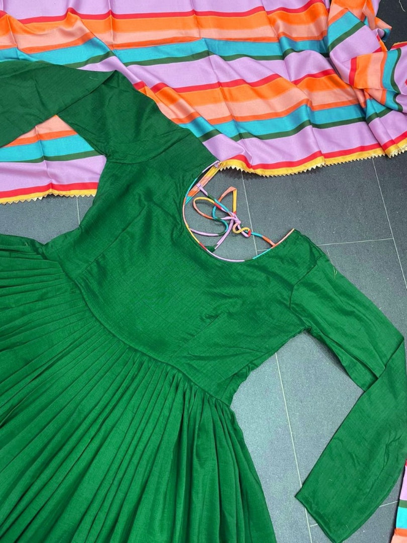 Green maslin cotton embroidered anarkali suit with multicolor printed dupatta