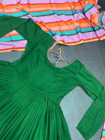 Green maslin cotton embroidered anarkali suit with multicolor printed dupatta