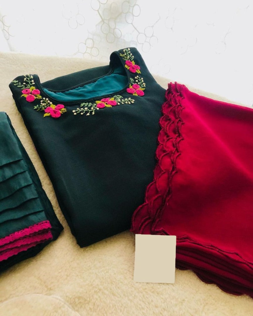 Green muslin cotton thread handwork salwar suit