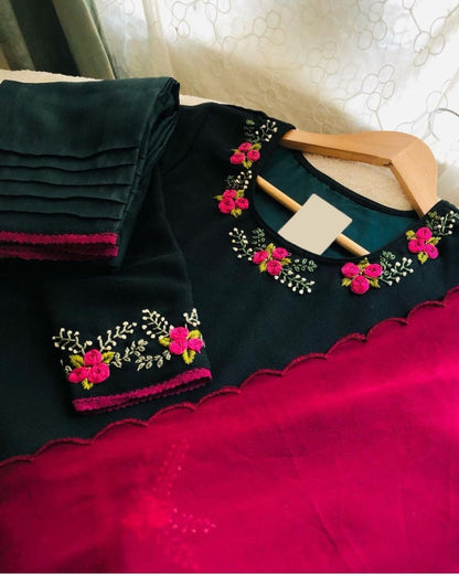 Green muslin cotton thread handwork salwar suit