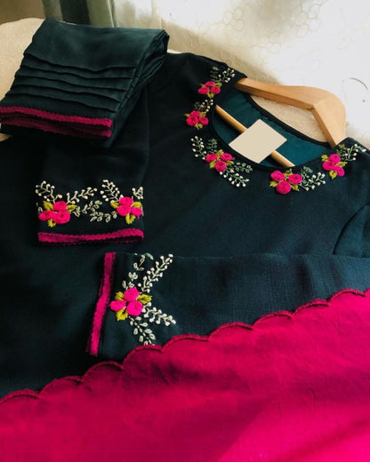 Green muslin cotton thread handwork salwar suit