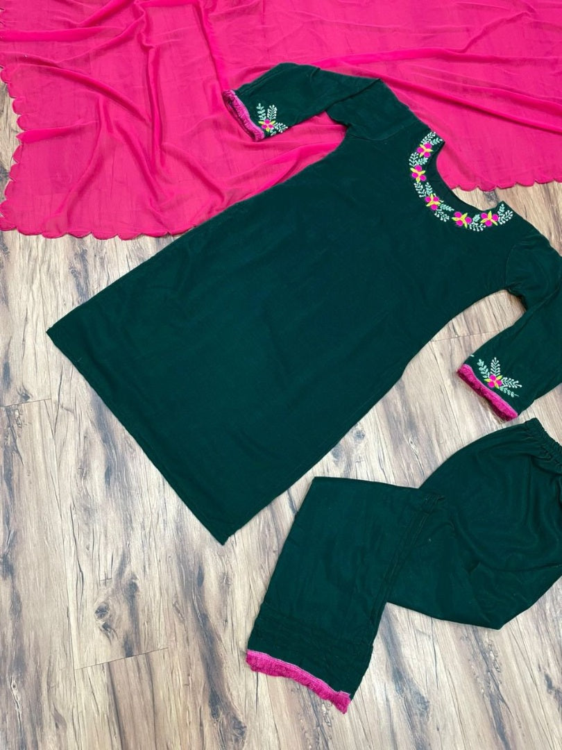 Green muslin cotton thread handwork salwar suit