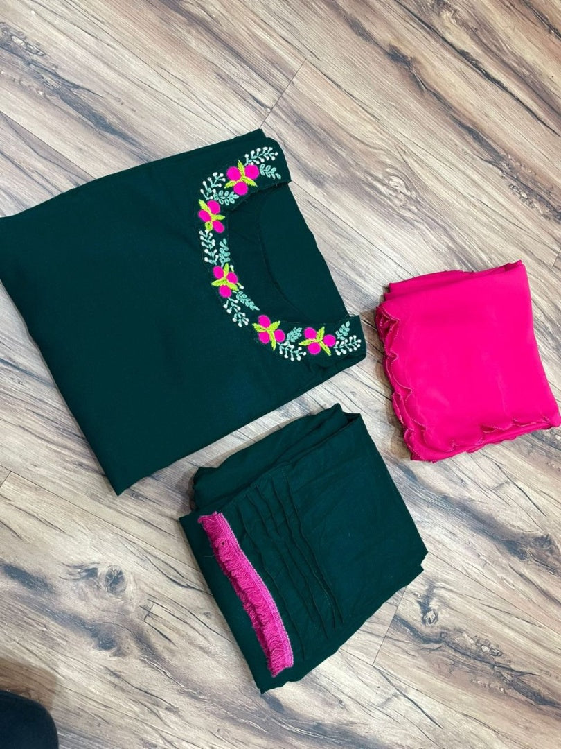 Green muslin cotton thread handwork salwar suit