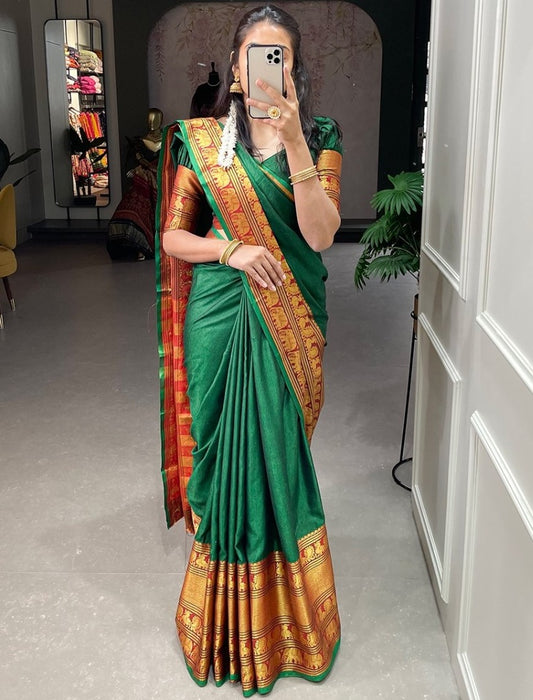 Green narayan pet cotton weaving work saree