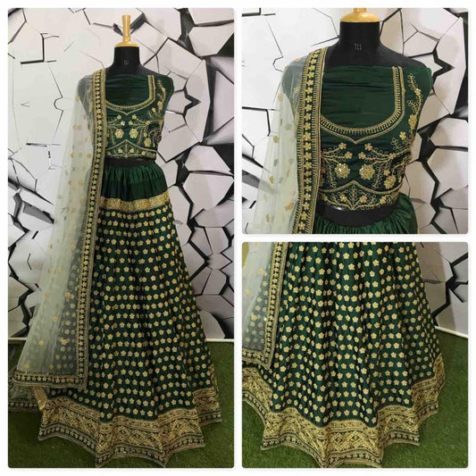 Green nylon satin designer embroidered heavy wedding lehenga