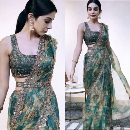 Green organza embroidered and sequence work saree