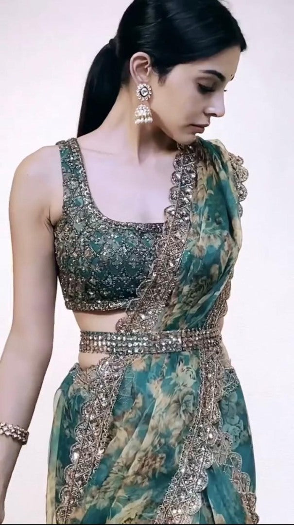 Green organza embroidered and sequence work saree