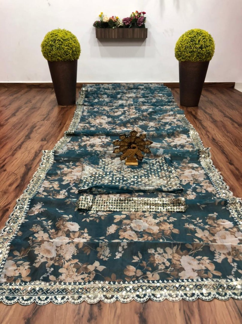 Green organza embroidered and sequence work saree