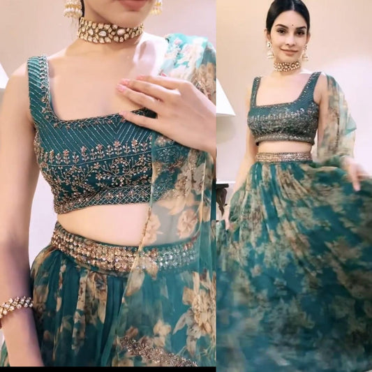 Green organza embroidered with sequence work lehenga choli