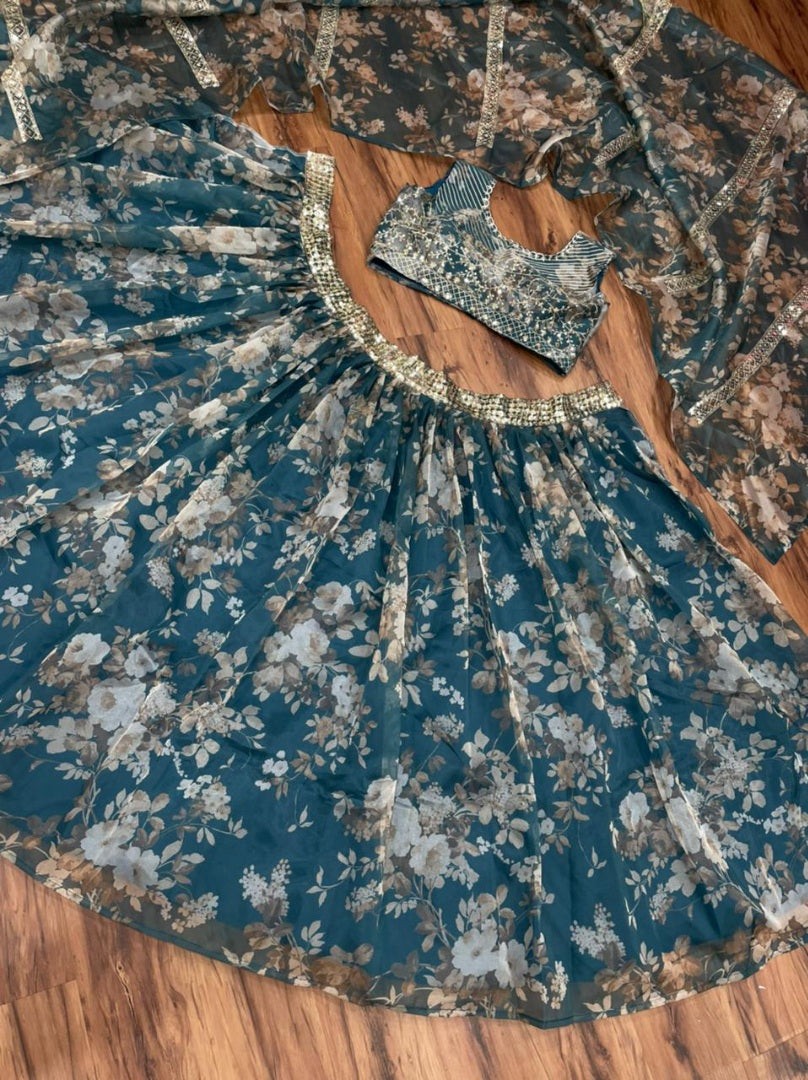 Green organza embroidered with sequence work lehenga choli