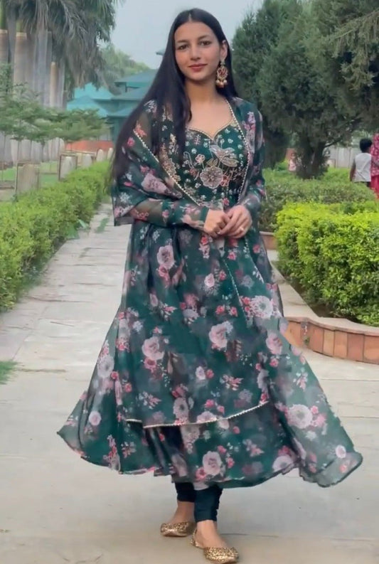 Green organza floral printed and handwork anarkali suit