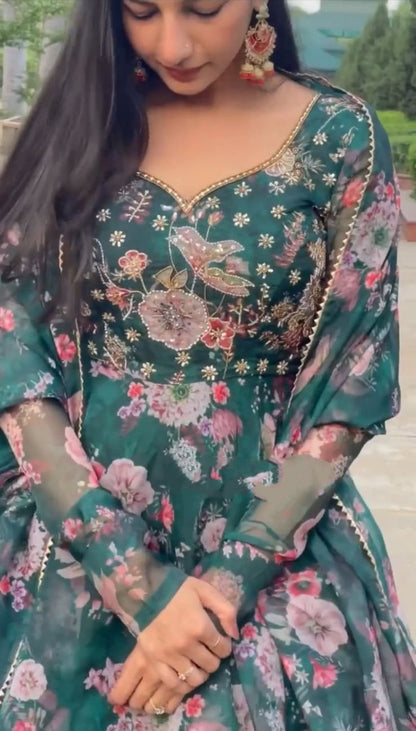 Green organza floral printed and handwork anarkali suit