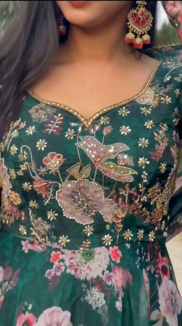 Green organza floral printed and handwork anarkali suit