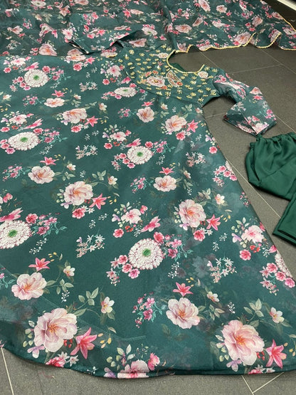 Green organza floral printed and handwork anarkali suit