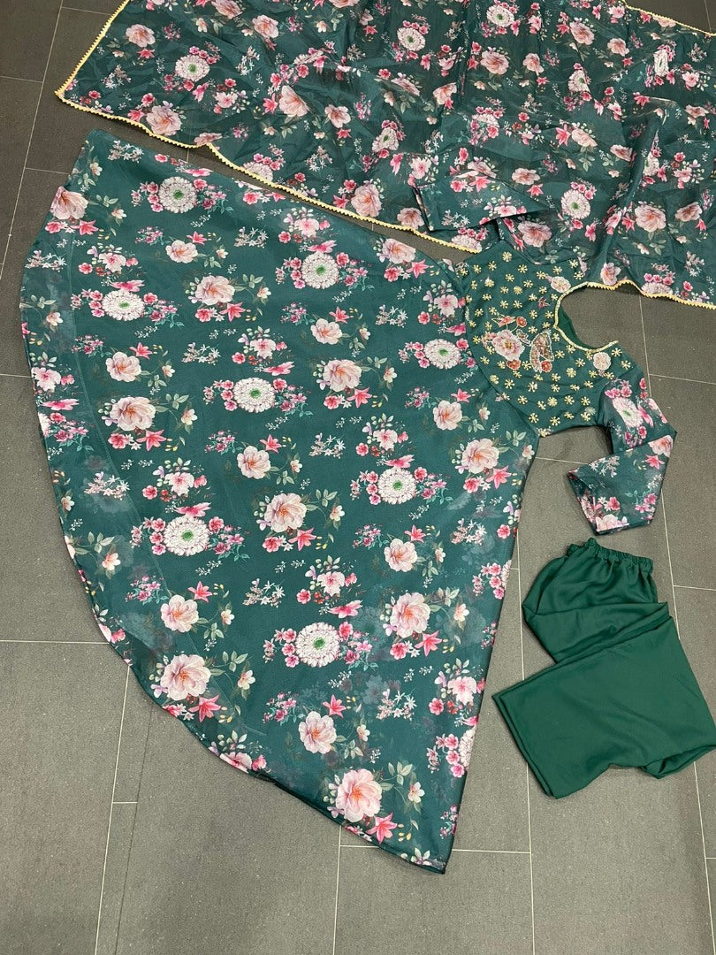 Green organza floral printed and handwork anarkali suit