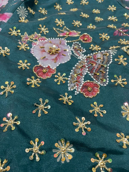 Green organza floral printed and handwork anarkali suit