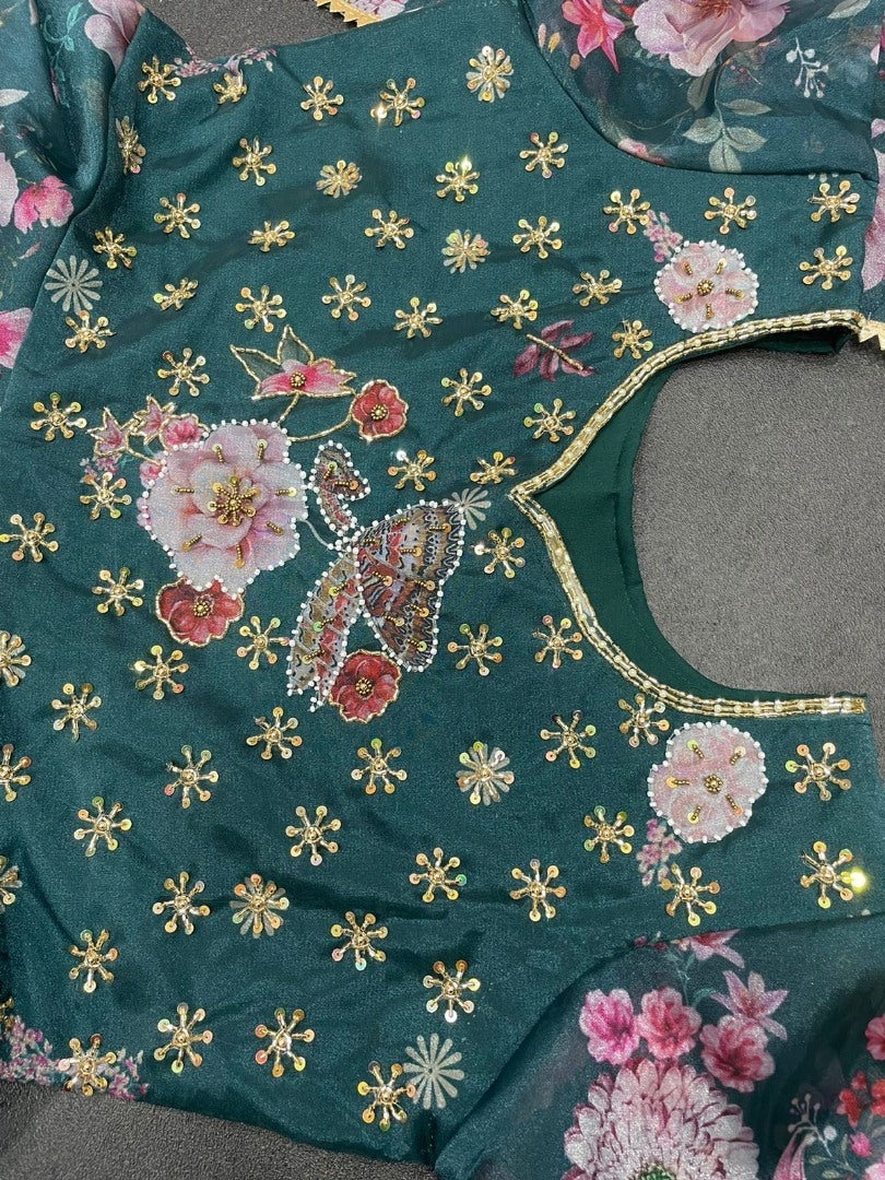 Green organza floral printed and handwork anarkali suit