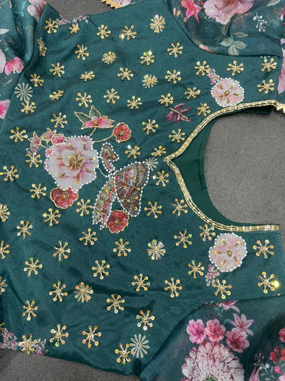 Green organza floral printed and handwork anarkali suit