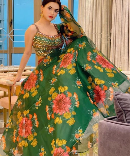 Green organza flower printed lehenga choli