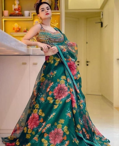 Green organza flower printed lehenga choli