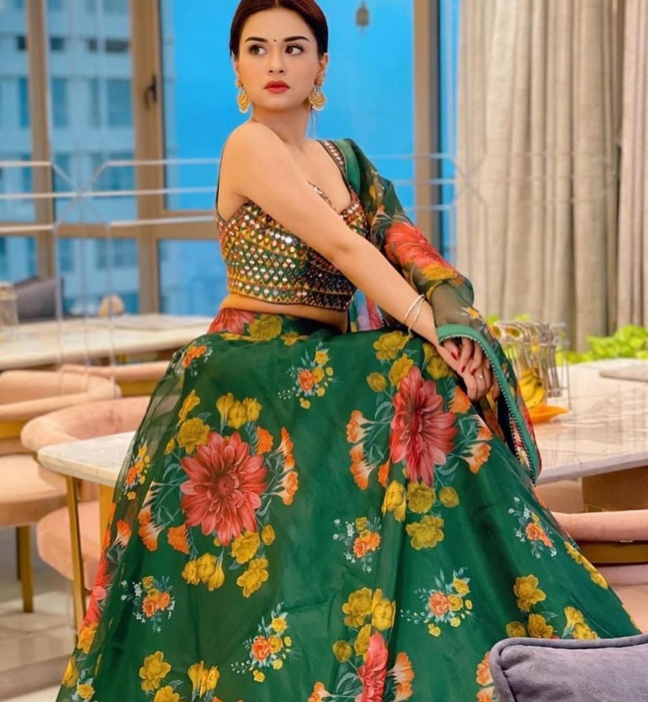 Green organza flower printed lehenga choli