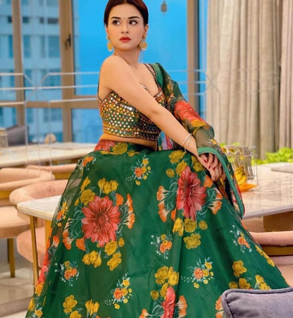 Green organza flower printed lehenga choli