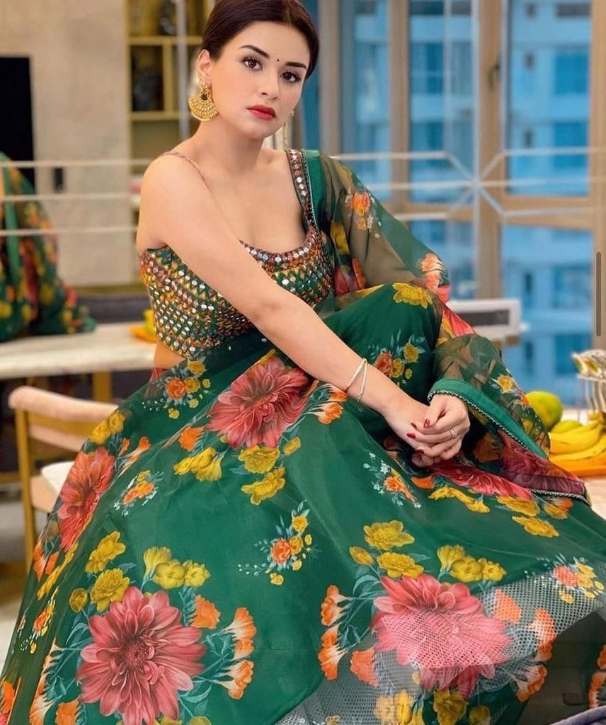 Green organza flower printed lehenga choli
